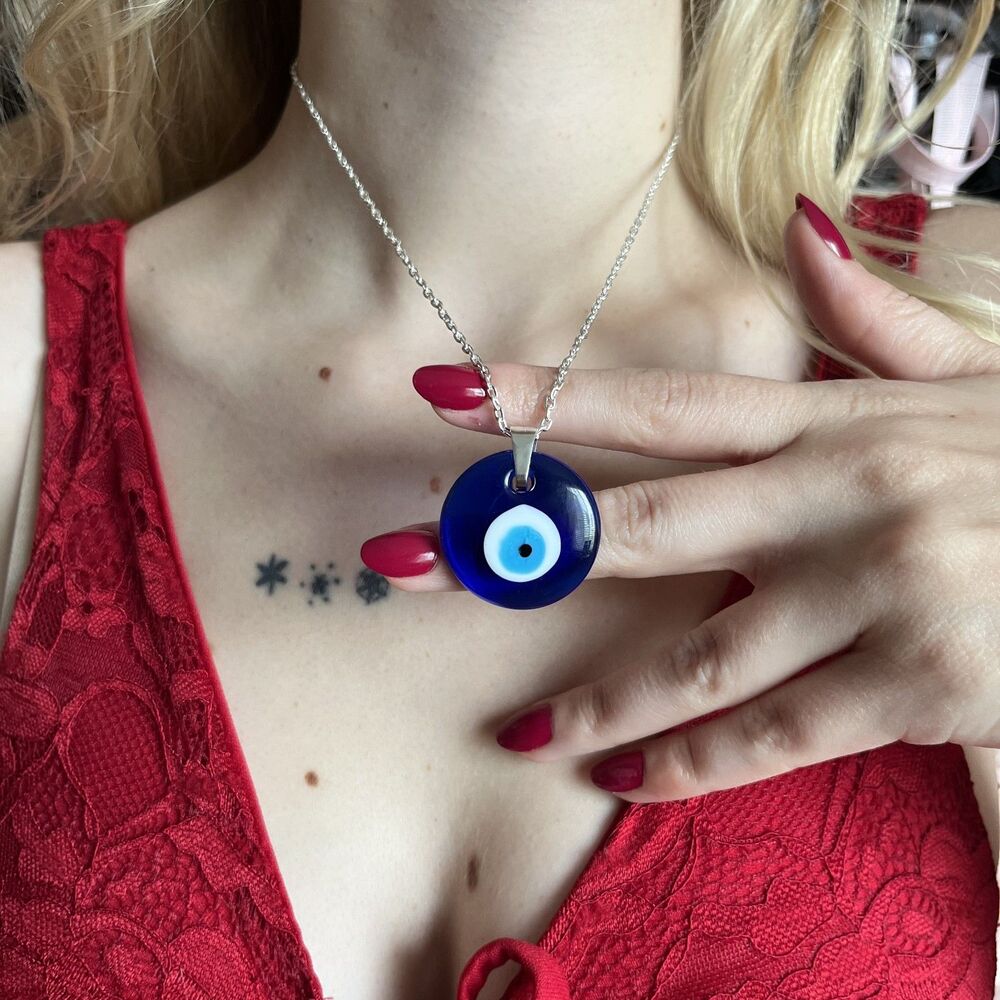Handmade Glass Evil Eye Necklace 18" Silver Chain Talisman Protective Amulet